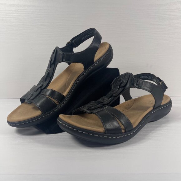 Clarks Laurieann Kay Sandals Women’s 11 W Wide Black Leather Slingback T-Strap - Picture 1 of 11